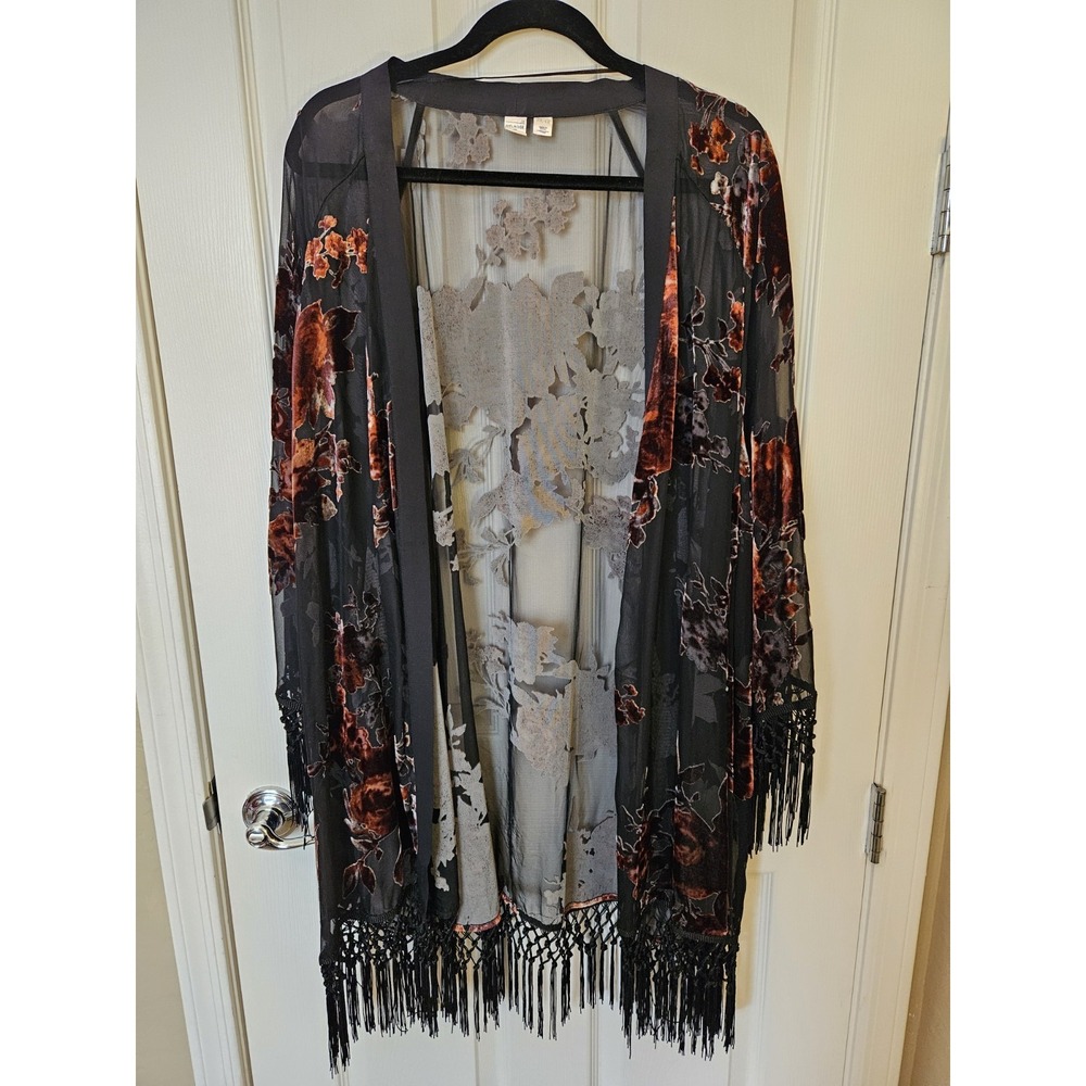 Melrose and Market Kimono Black Burnout Velvet Floral Fringe Cover-Up, Plus 4X